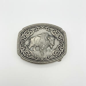 VINTAGE Buffalo Belt Buckle HEAVY 132g Western Bison Trophy 4" Large Silver Tone